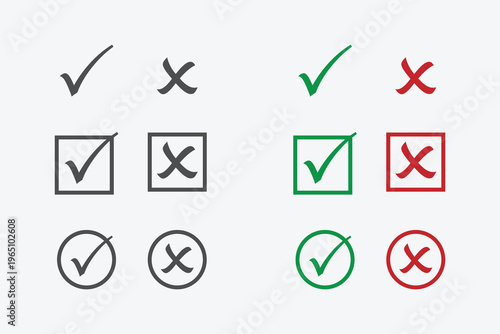 Checkmarks and crosses symbols in various colors and shapes