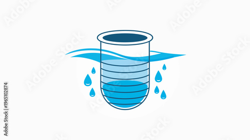 A stylized illustration of a test tube partially submerged in flowing water, surrounded by droplets, effectively representing water purification, hydration, and fluid testing processes.