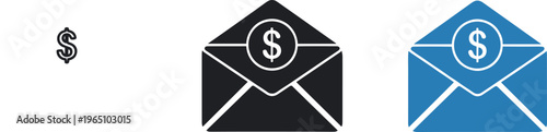 Money email payment icons set, dollar envelope finance transaction and billing symbols modern vector illustration