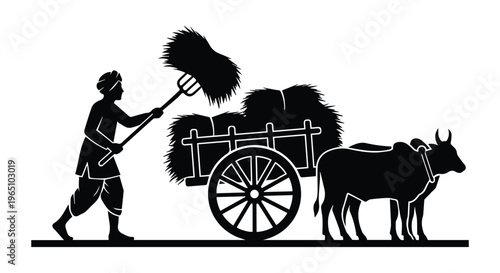 Indian Farmer Loading Hay On Cart Icon Silhouette vector black design on a white background
