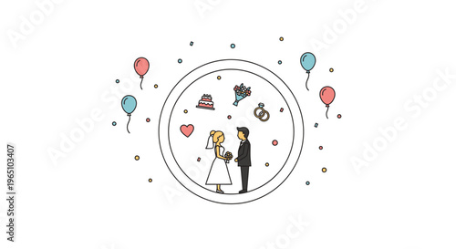 Happy Wedding Couple Illustration with Balloons and Icons in Circle