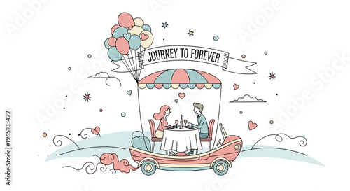 Couple's Romantic Journey to Forever in a Vintage Car with Balloons