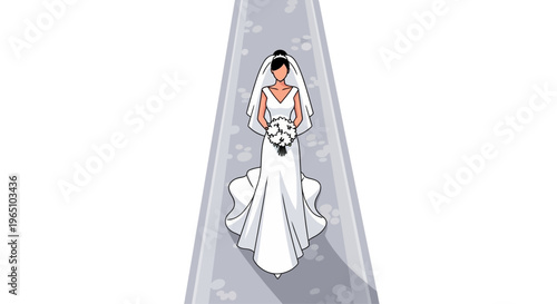 Bride walking down aisle, wedding dress, holding bouquet, romantic, elegant, joyful celebration