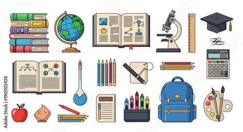 School Supplies & Learning Tools Collection: Education, Science, Art & Math Icons