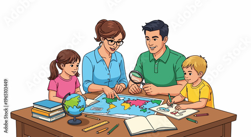 Family Learning Geography Together, Parents Teaching Children About World Map