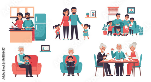 Happy Diverse Family Generations Lifestyle Scenes Flat Illustration