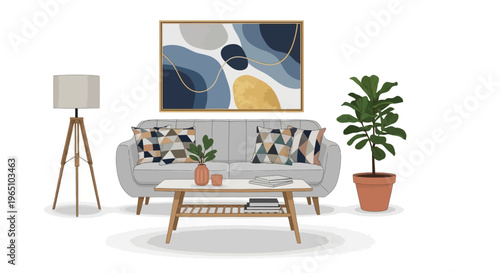 Modern living room with abstract art, sofa, coffee table, plant and floor lamp