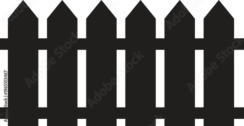 A black picket fence with pointed tips on a white background