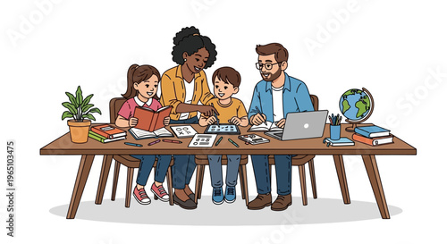 Family learning together at home, parents teaching children with books and tablet
