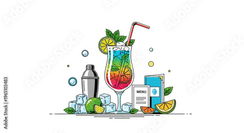 Colorful Rainbow Cocktail with Shaker, Ice, Lime, Mint, and Menu