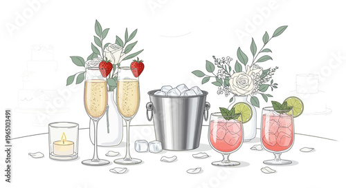 Celebration drinks: Champagne, cocktails, ice bucket, floral decor, strawberries, lime, candle