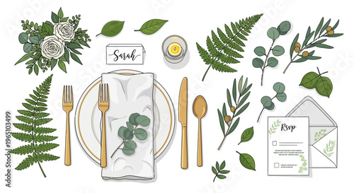 Elegant Wedding Table Setting Elements with Greenery and Gold Cutlery