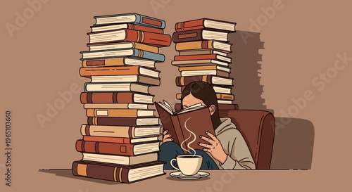 Woman reading a book surrounded by stacks of books in eps vector format