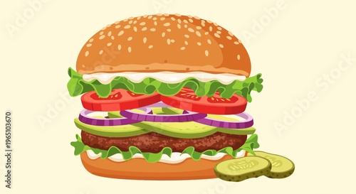 A vector eps illustration of a hamburger with lettuce, tomato, onion, and pickles on a bun.