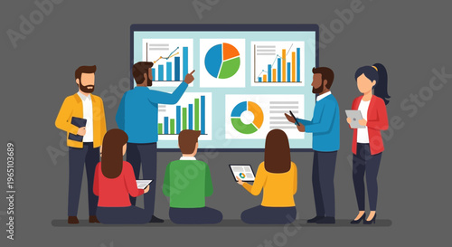 A team reviews vector eps graphics on a screen during a meeting in a modern office setting.