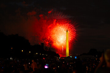July 4 celebration in Washington DC festival. July 4 celebration with tourism and travel. July 4 celebration with monument in skyline. July 4 celebration with festive atmosphere.