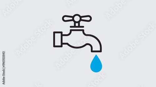 A clear and concise icon illustrating a classic water faucet with a single blue water drop falling from its spout, symbolizing water conservation, plumbing, and fresh water supply.