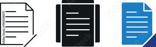 Document file icon set in outline solid and flat blue styles for paperwork data management and office concepts