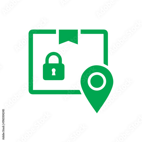 A bright green outline illustration displays a secured parcel box positioned next to a large location pin graphic.