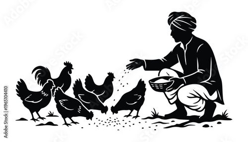 Indian Farmer Feeding Chickens Icon Silhouette vector black design on a white background