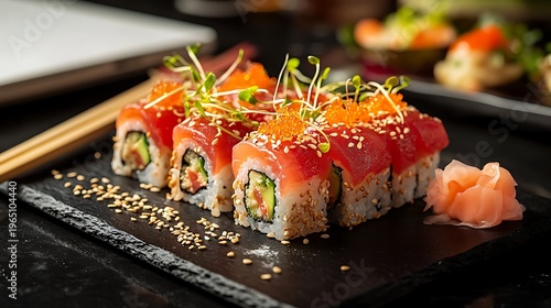 Vibrant tuna sushi rolls topped with orange roe and fresh sprouts