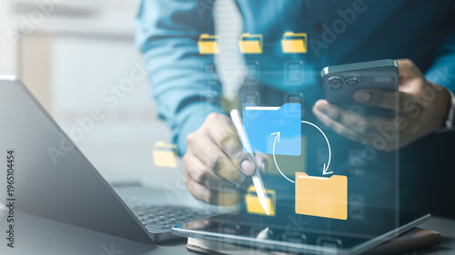 Bild auf Leinwand User managing file synchronization and resolving document conflicts across devices, illustrating cloud storage, version control and efficient digital workflow