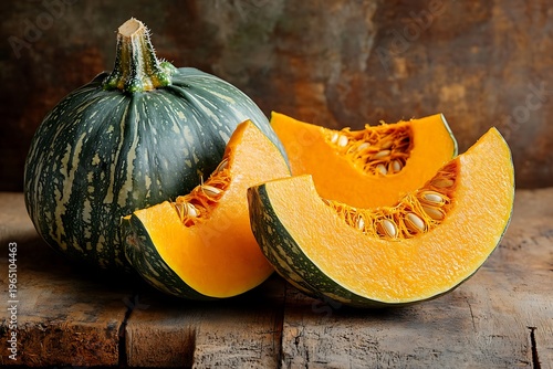 Whole green pumpkin with bright orange slices on rustic wood