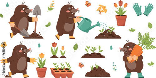 Cute Gardening Mole Vector Collection with Cartoon Moles Planting, Watering, Holding Carrots, Gardening Tools, Flowers, and Garden Scenes for Digital and Educational Illustrations