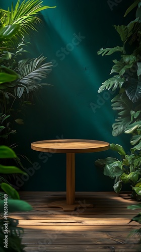Wooden pedestal table bathed in sunlight amidst lush tropical plants