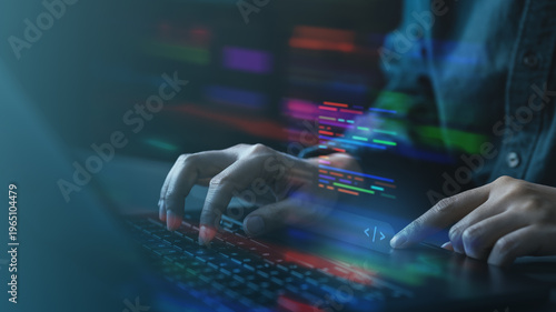 Cuadro en lienzo Software developer coding on a laptop with digital code overlay, representing programming, artificial intelligence, and modern software development technology