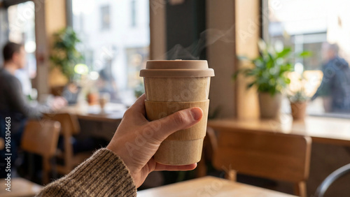 Person holding a coffee cup while sitting in a cafe with plants  