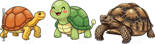 Cute Cartoon Tortoise and Turtle Characters in Various Poses for Animal, Wildlife, and Kid-Friendly Illustrations