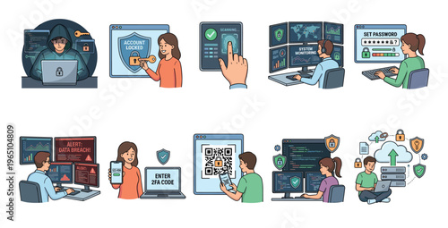 Collection of cybersecurity concept illustrations showing a hacker, data breach alert, password protection, two-factor authentication, and secure cloud storage in a flat cartoon style