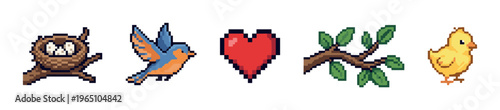 Collection of retro video game sprites showing a nest with eggs, a bluebird, a heart symbol, a tree branch, and a yellow chick, all in a pixelated style