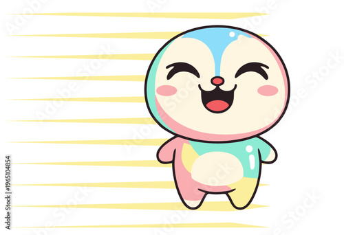 A cute, happy, pastel-colored cartoon character with a wide smile and closed eyes, depicted with motion lines suggesting speed and excitement, isolated on a white background