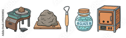 Set of cartoon pottery making equipment shows essential tools for a ceramic art hobby, including a potter's wheel, raw clay, a sculpting tool, a jar of glaze, and an electric kiln