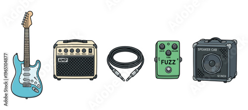 Electric guitar equipment set with a blue guitar, amplifier, speaker cabinet, fuzz pedal, and audio cable in a hand-drawn cartoon illustration style for music and rock concepts