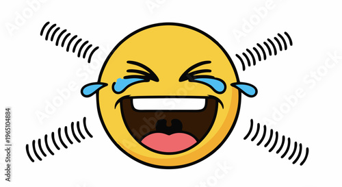 A vibrant yellow face bursts with uncontainable mirth, tears streaming down its cheeks in an exaggerated display of pure, infectious joy and uncontrollable laughter, radiating happiness