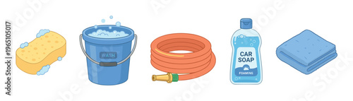Car washing equipment and cleaning supplies set with a sponge, bucket, hose, soap, and towel, shown as a colorful cartoon vector illustration for vehicle maintenance and detailing