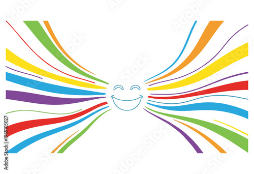 Abstract illustration of a radiating smiley face surrounded by an explosion of vibrant, flowing lines, symbolizing happiness, creativity, and a positive outlook