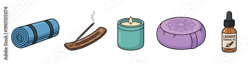 Set of yoga and meditation accessories including a mat, incense, candle, cushion, and essential oil in a colorful cartoon illustration style for wellness and relaxation concepts