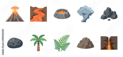 Collection of flat vector volcano icons showing an eruption, lava river, crater, smoke, rocks, meteorite, palm tree, fern, and an earth fissure for geological or prehistoric themes