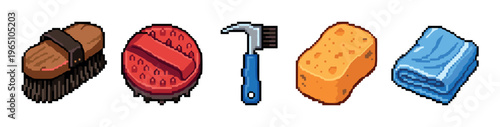 Set of five horse grooming tools featuring a body brush, curry comb, hoof pick, sponge, and towel in a charming 8-bit pixel art illustration style