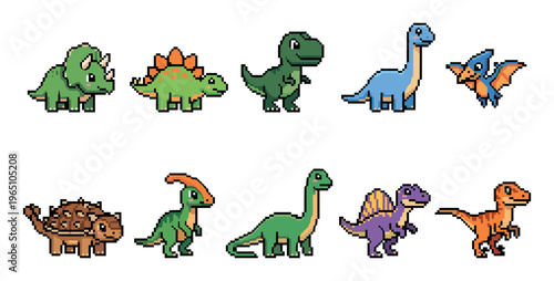 Collection of cute pixel art dinosaurs featuring various species like T-Rex and Triceratops in a colorful, retro 8-bit video game style for kids' design projects