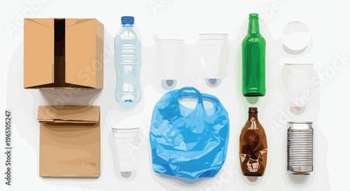 Recycling and Packaging Collection with Bottles, Boxes, and Bags for Environmental, Sustainability, and Waste Management Designs