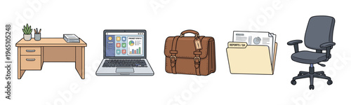 Collection of cartoon office equipment items including a desk, laptop with a project dashboard, a leather briefcase, a folder with reports, and a swivel chair in an illustration style