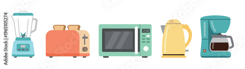 Set of five colorful household kitchen appliances including a blender, toaster, microwave, kettle, and coffee maker in a modern flat cartoon vector illustration style