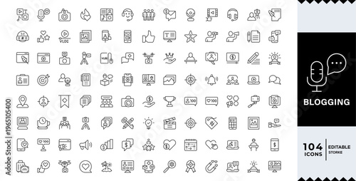 Blogging Icon for Content Creation, Blog, influencer, content, vlog, vlogger, followers, social media,Outline icon in linear style. Vector collection