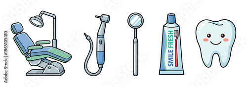 Collection of cute cartoon dental equipment icons with a chair, drill, mirror, toothpaste, and a smiling tooth character, representing oral hygiene and pediatric dentistry concepts