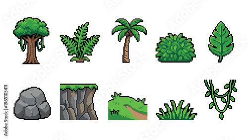 Set of pixel art jungle assets for video game development includes trees, rocks, plants, and terrain elements for a platformer level design in a retro 8-bit style